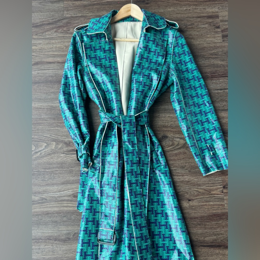 Teal Houndstooth Long Trench Coat - Women's - Picture 3 of 4